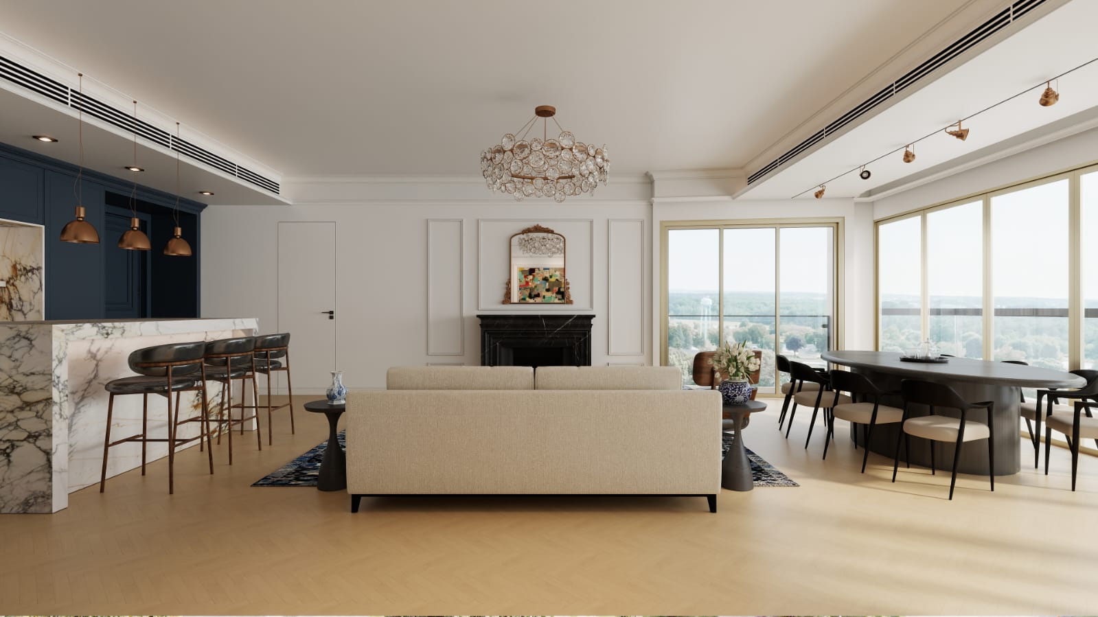 Sun-drenched dining area in Mount Pavilia featuring an oval table and floor-to-ceiling windows that blend the interior with the natural landscape.
