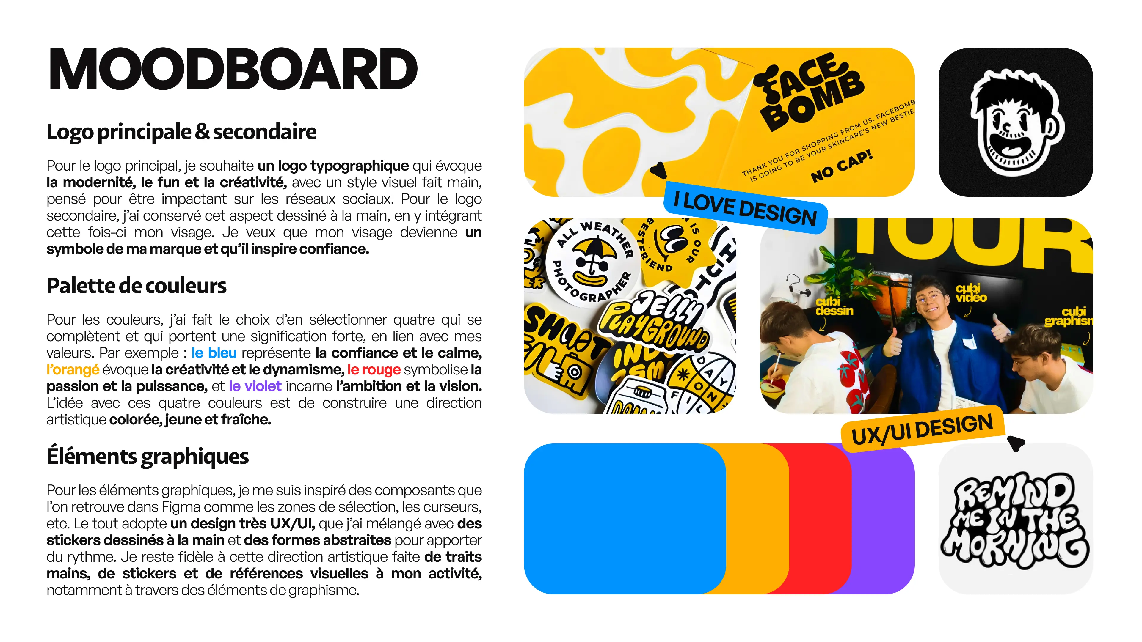 Page de moodboard présentant l’identité visuelle de Youyou Studio. À gauche, du texte décrit le logo principal et secondaire, la palette de couleurs et les éléments graphiques. À droite, une composition d’images montre des motifs jaunes abstraits, un avatar illustré, des stickers graphiques faits main, une photo de jeunes créateurs dans un décor jaune et noir, ainsi que des pastilles de couleurs bleu, orange, rouge et violet. L’ensemble reflète une direction artistique fun, moderne et créative.