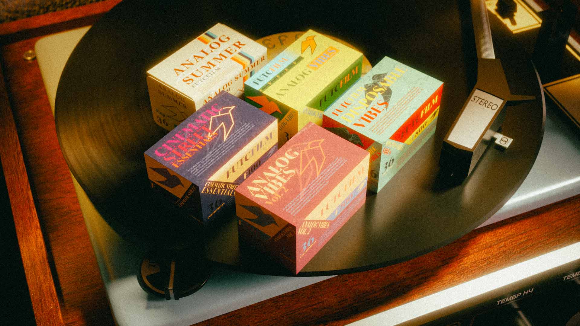 3d render of 5 35mm film boxes, representing all futc preset packs