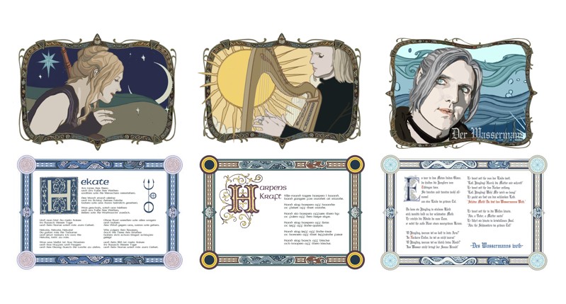 A set of three artistic drawings depicting women singing or doing other stuff. Under the drawing there are tree text articles surrounded by fancy borders.