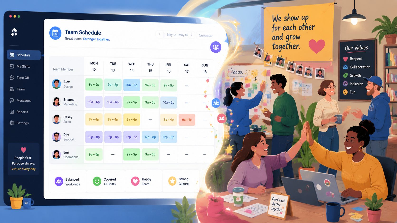 A digital team schedule software interface showing weekly employee shift assignments alongside a collaborative office scene illustration.