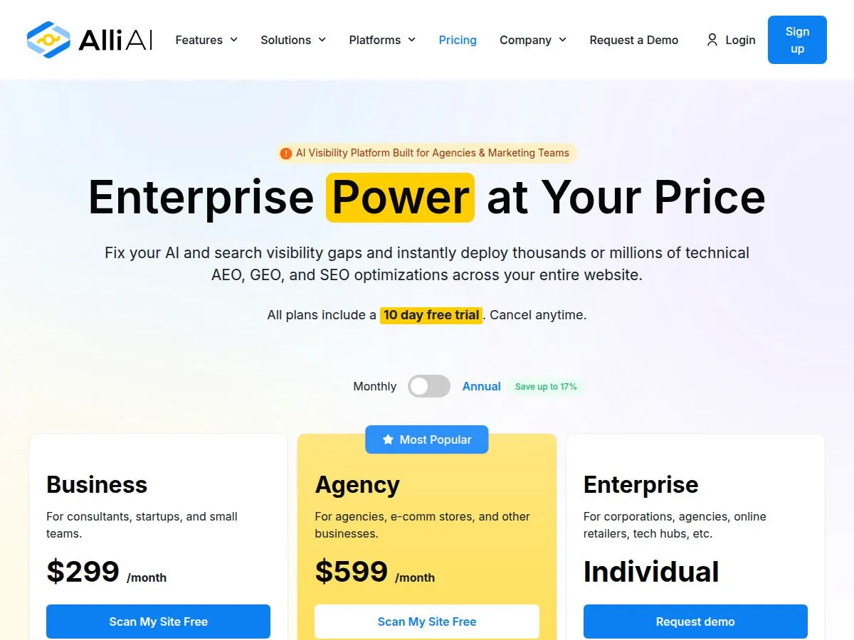 Alli AI official pricing page screenshot, captured October 4, 2026