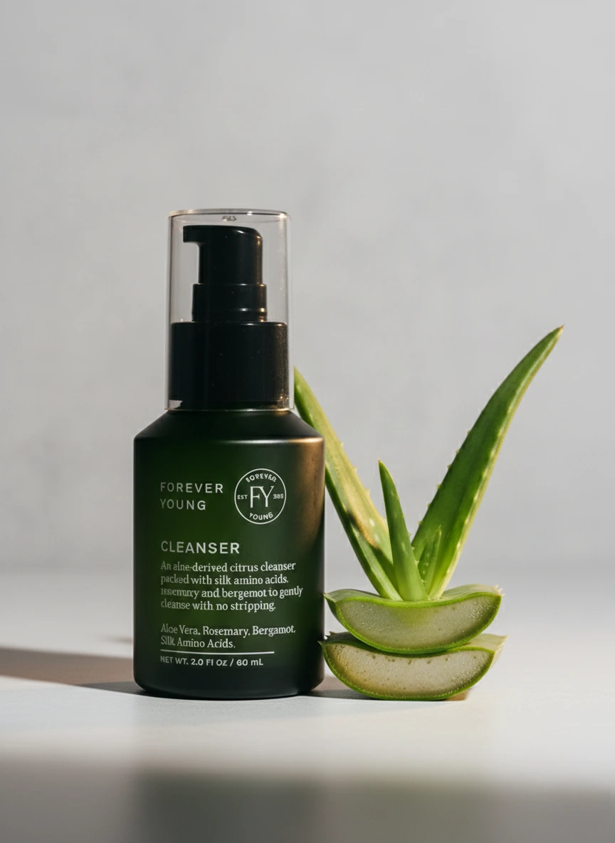 Sfylabs forever young cleanser with aloe vera next to it