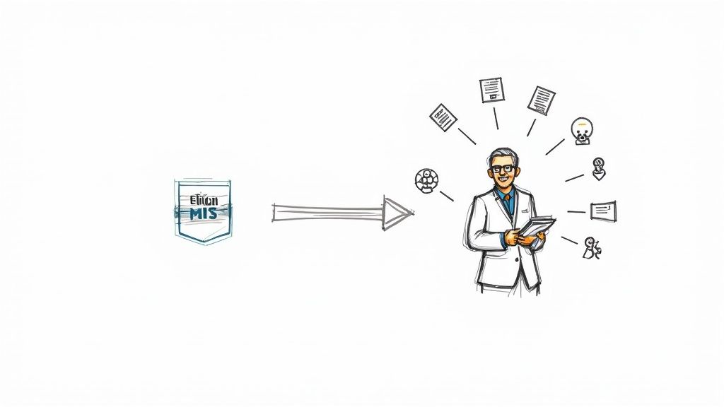 A visual representation of an LLM being fine-tuned for business applications, with gears and data streams flowing into a brain icon.