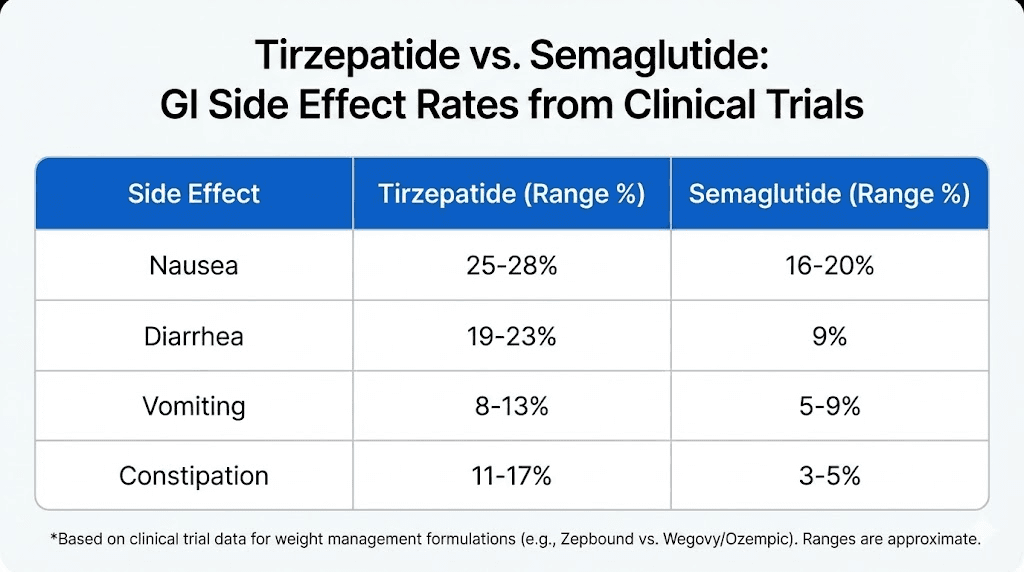 Tirzepatide versus semaglutide diarrhea and GI side effects comparison
