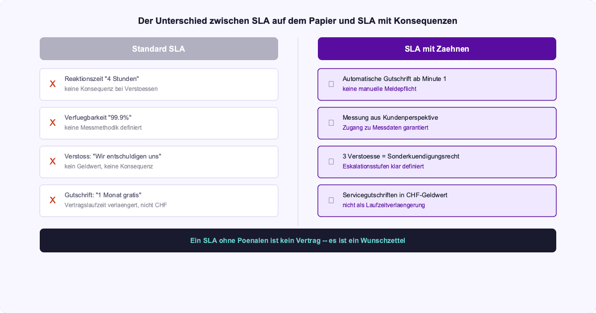 SLA-Klausel Vergleich: ohne Pönalen vs. mit automatischen Gutschriften
