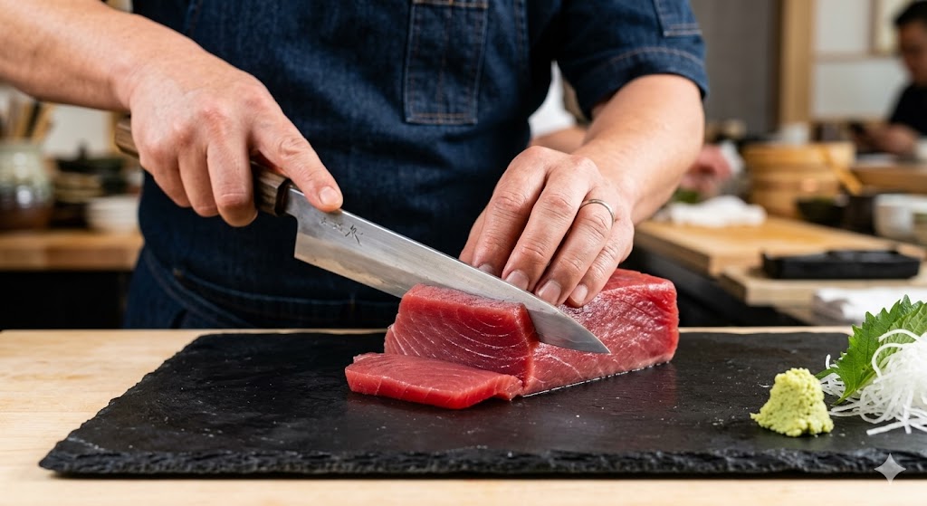 A Japanese chef's hands using a sharp sashimi knife to slice a pristine block of raw, red Ahi yellowfin tuna on a black slate board. A slice of fresh sashimi is already cut. Wasabi and daikon radish are on the board. The background shows a modern kitchen with a person. This high-resolution photo highlights the lean texture of the fish.