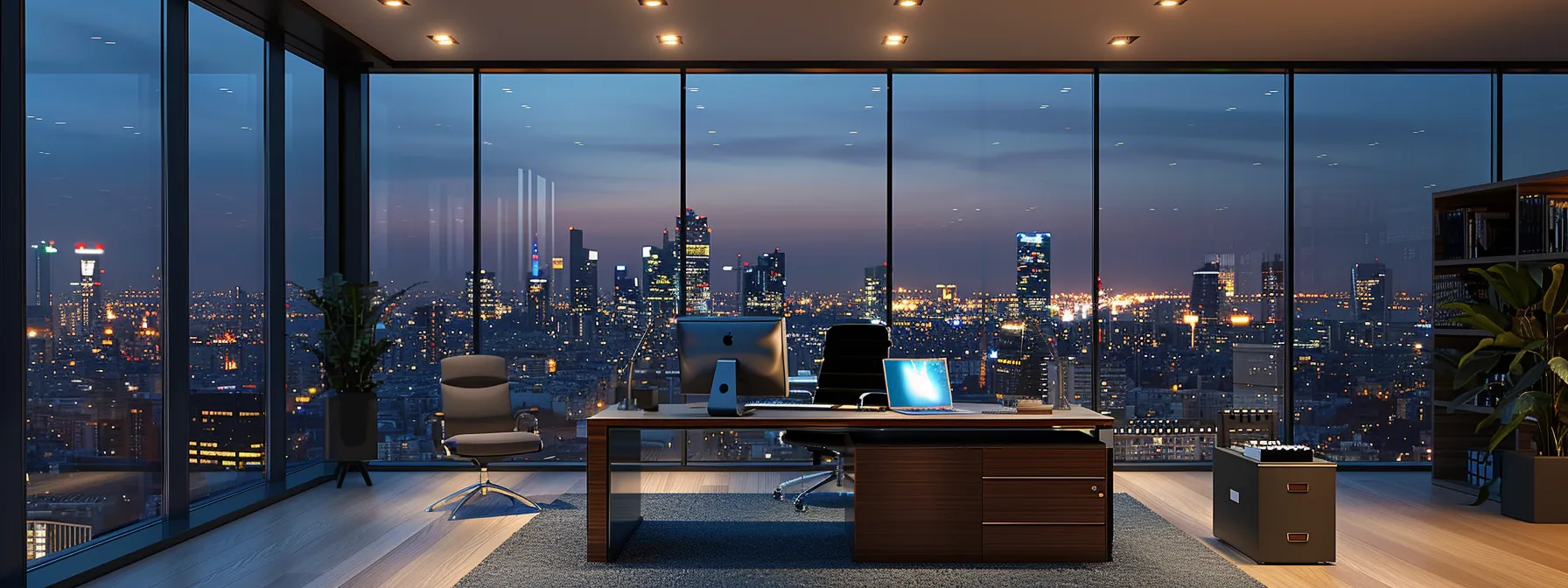 a sleek, modern office workspace is illuminated by warm overhead lighting, featuring a minimalistic desk with cutting-edge technology and an inspiring city skyline visible through expansive glass windows.