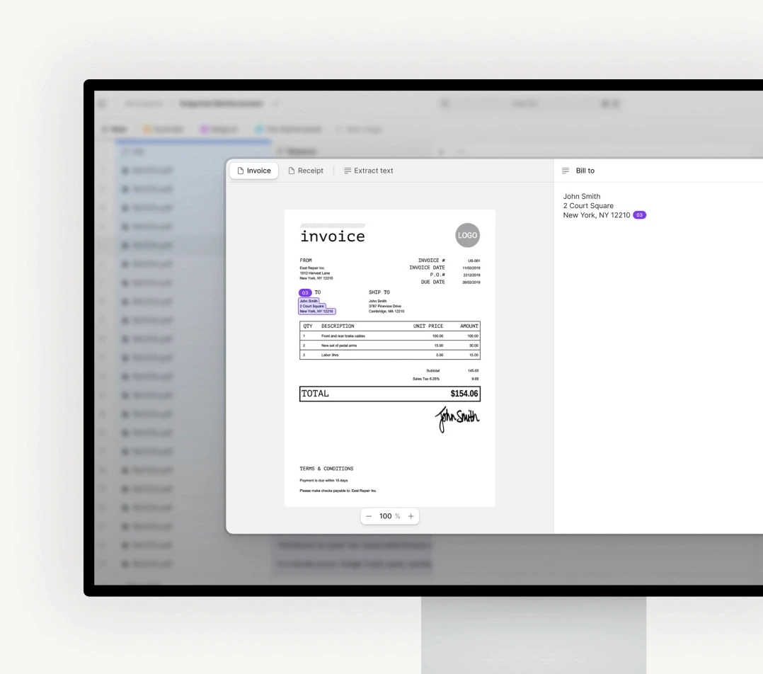 Invoice document on a computer