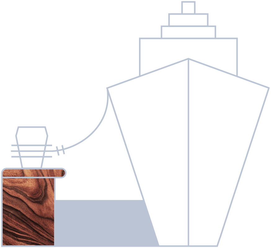 A ship line icon is moored at a dock by a rope. There is a large line from the ship to the dock anchor.