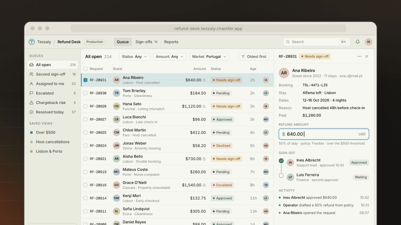 Tessaly Refund Desk: queue of refund requests with a detail drawer showing a $640 refund waiting for a second approver