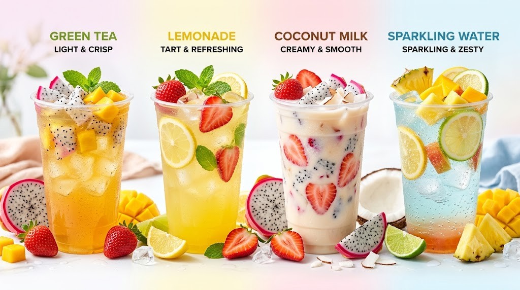 A side-by-side comparison of four different Dunkin-style fruit refreshers: green tea, lemonade, coconut milk, and sparkling water, each with distinct fruit toppings.