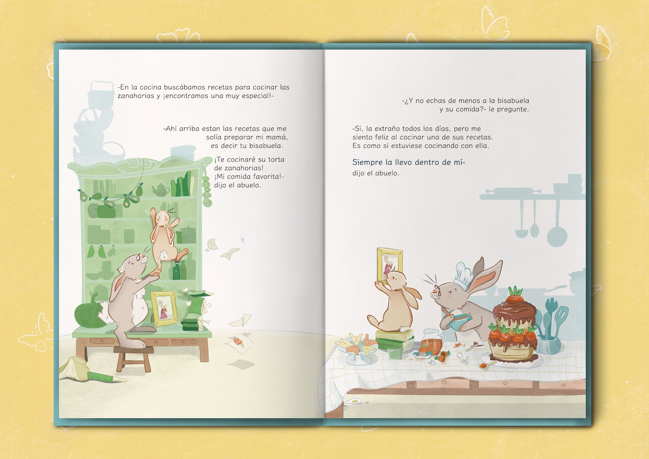 A book spread showing a grandfather and child searching for recipes in a cupboard and baking a carrot cake together.