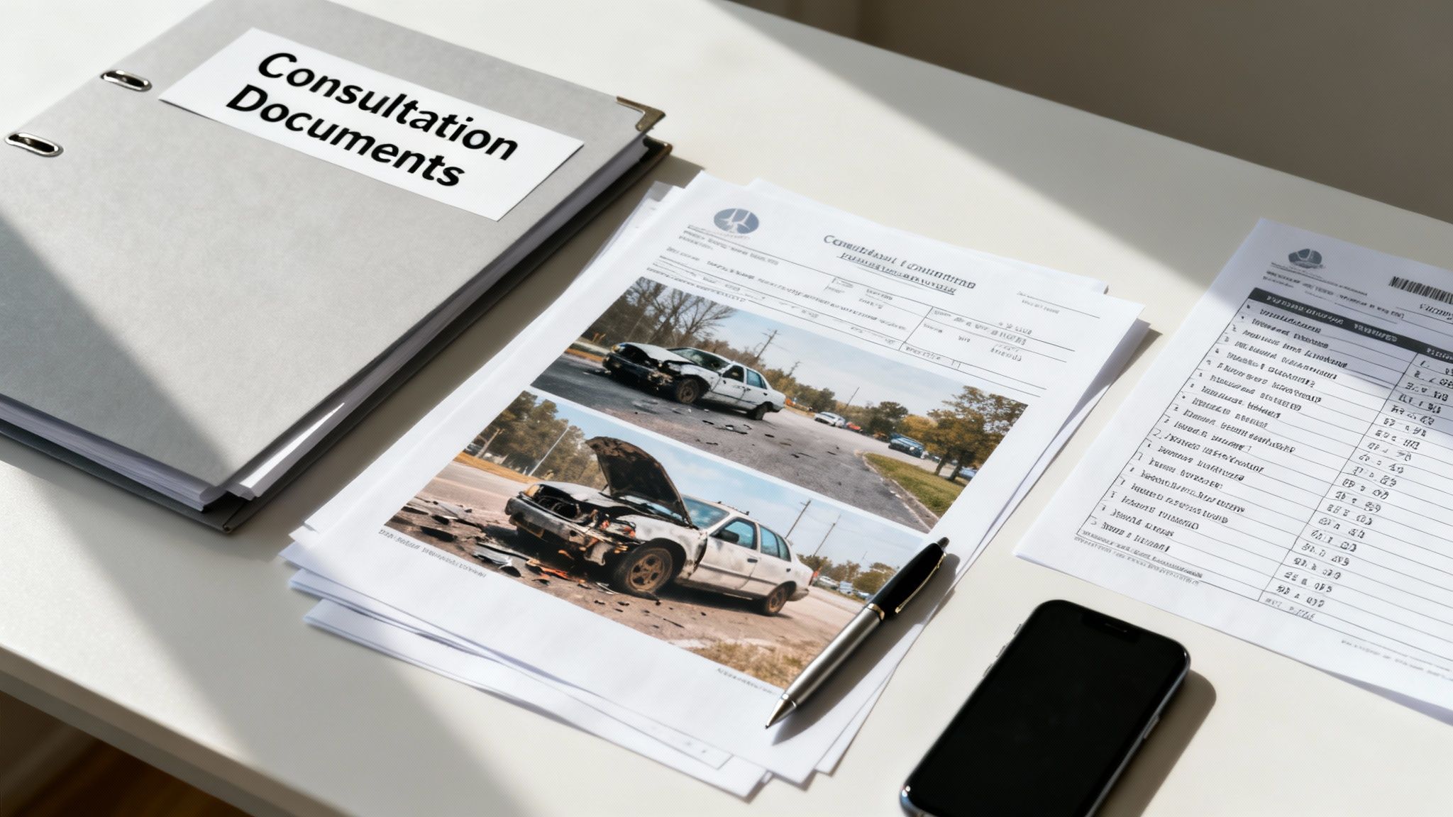 Desk with 'Consultation Documents' binder, car accident photos, legal papers, pen, and smartphone.