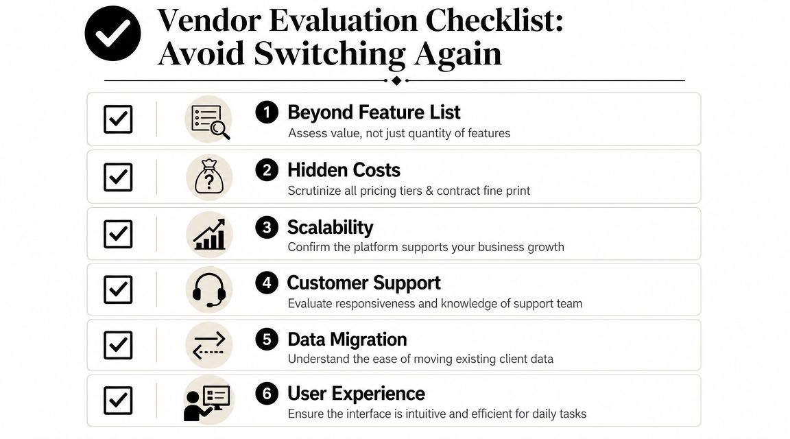 A vendor evaluation checklist infographic for choosing software, listing six key factors to avoid switching providers again.