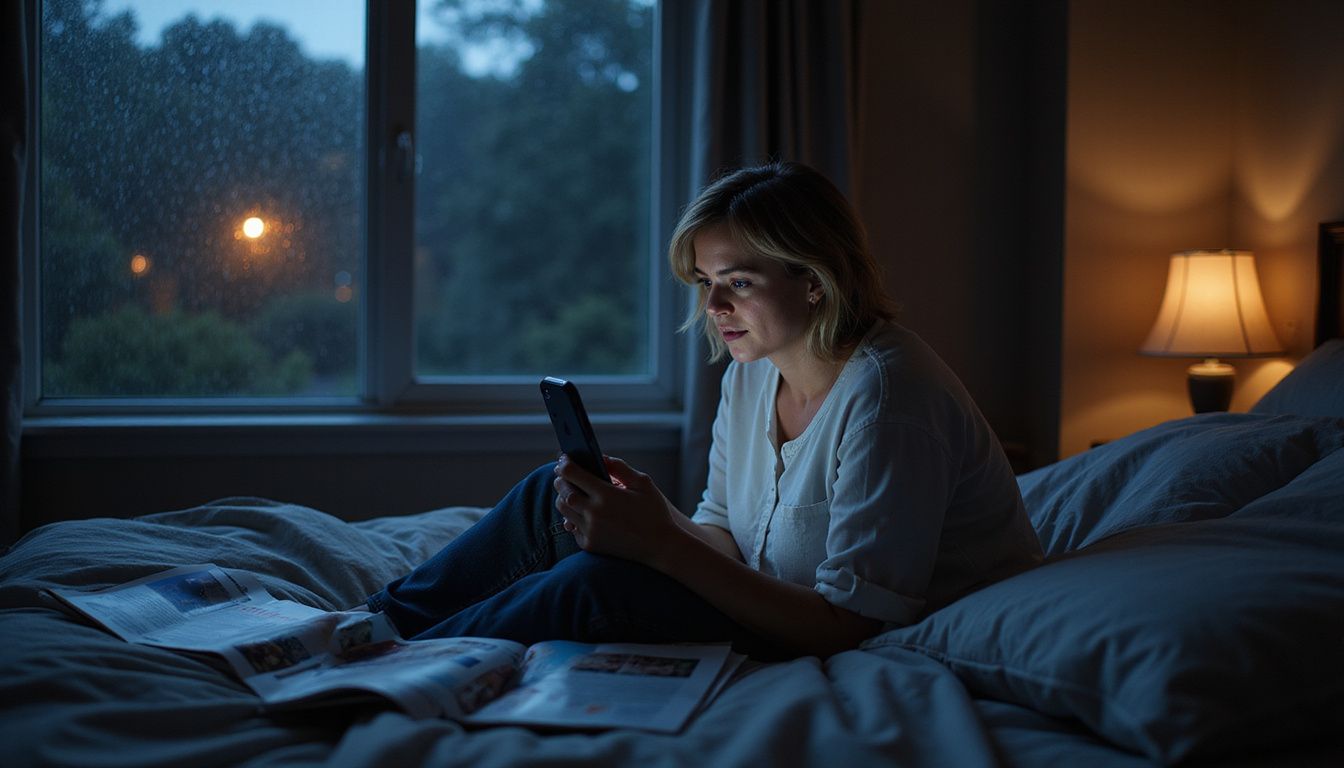A middle-aged woman anxiously studies her phone in a dim bedroom.