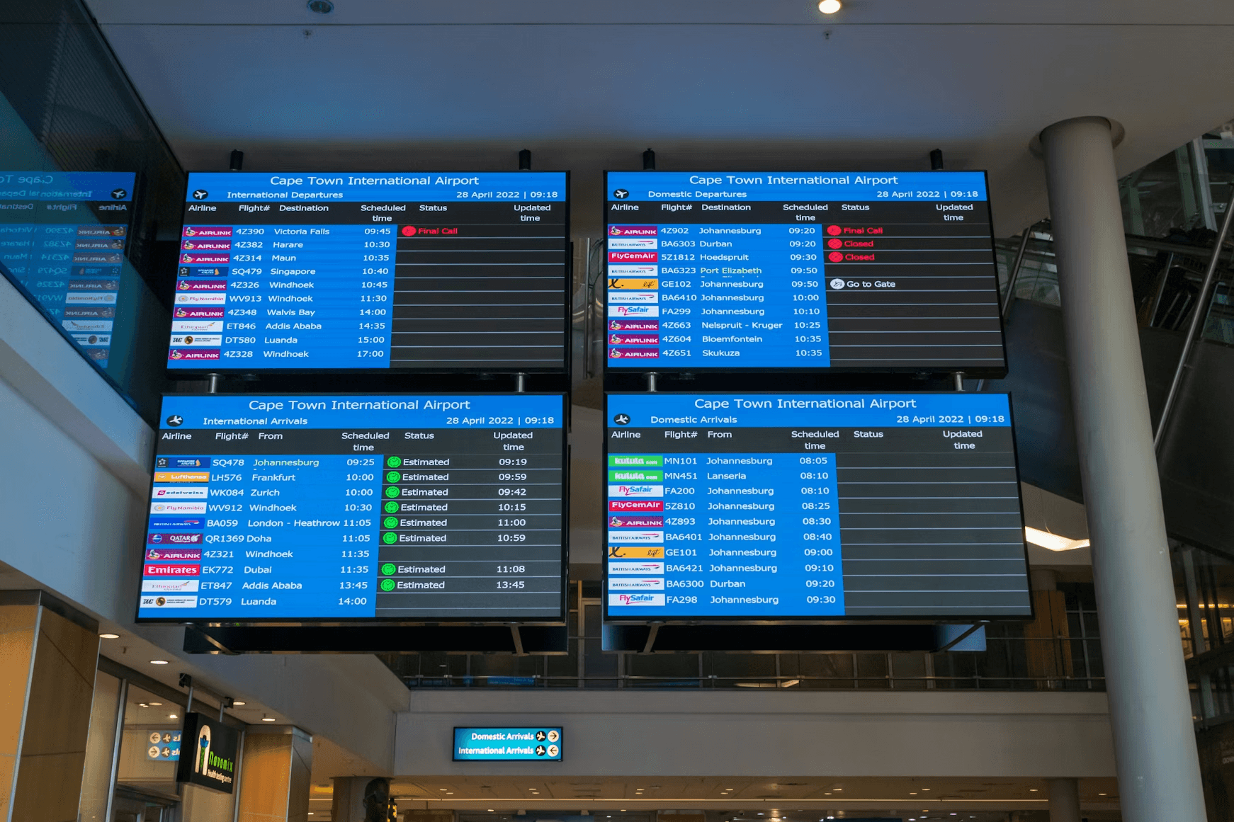 Airport departure and arrival screens.