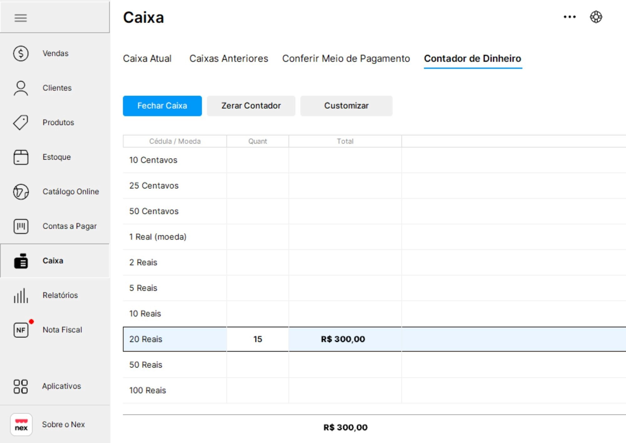 Tela do Nex exibindo o recurso de contagem de dinheiro para conferência do caixa.