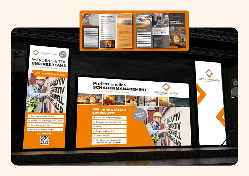 Branding und Messeauftritt von STP Sachverständige, Messewände hinterleuchtet und Flyer