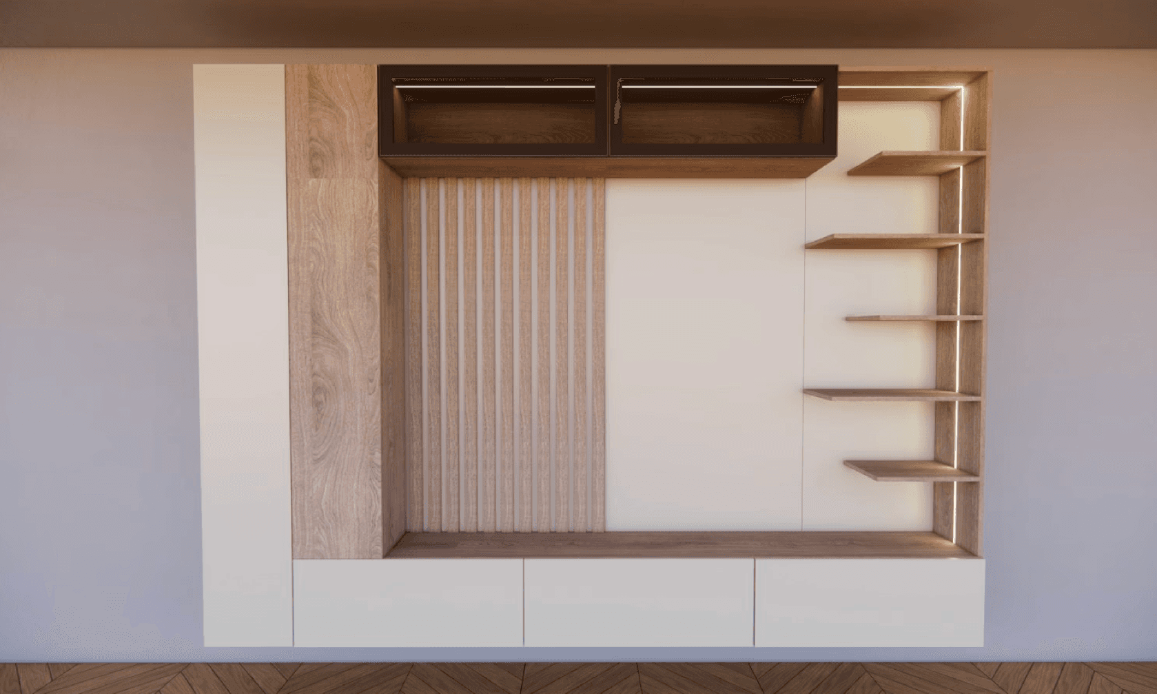 Perete decorativ pentru living cu panouri din lemn și zone albe, rafturi laterale deschise.