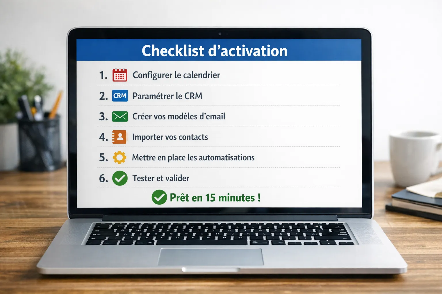 Une checklist d’activation en 6 étapes affichée sur un écran d’ordinateur portable, avec des icônes de calendrier, CRM, messages et validation, et une mention “prêt en 15 minutes”.