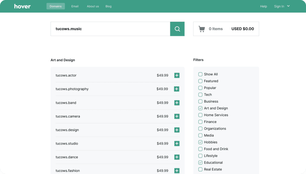 Screengrab of the search page on hover.com.