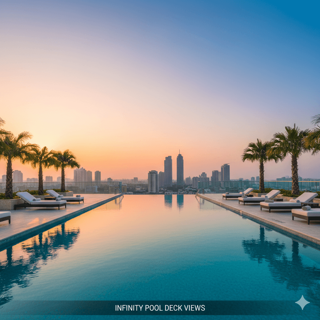 M3M Sector 108 infinity pool with city skyline views at sunset