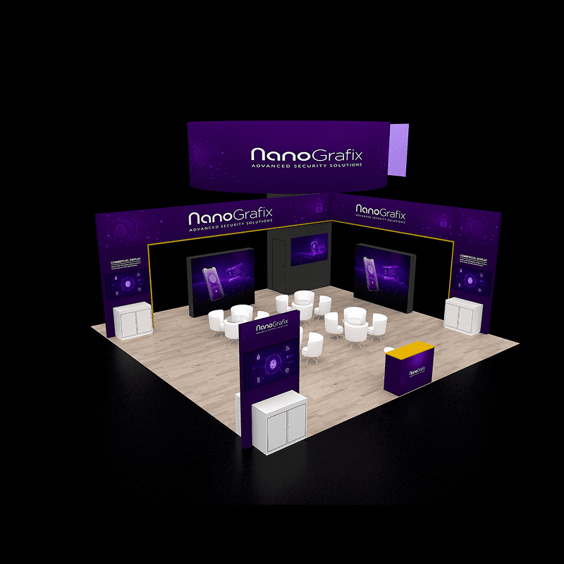 30x30 security technology island booth with digital displays and buyer meeting areas