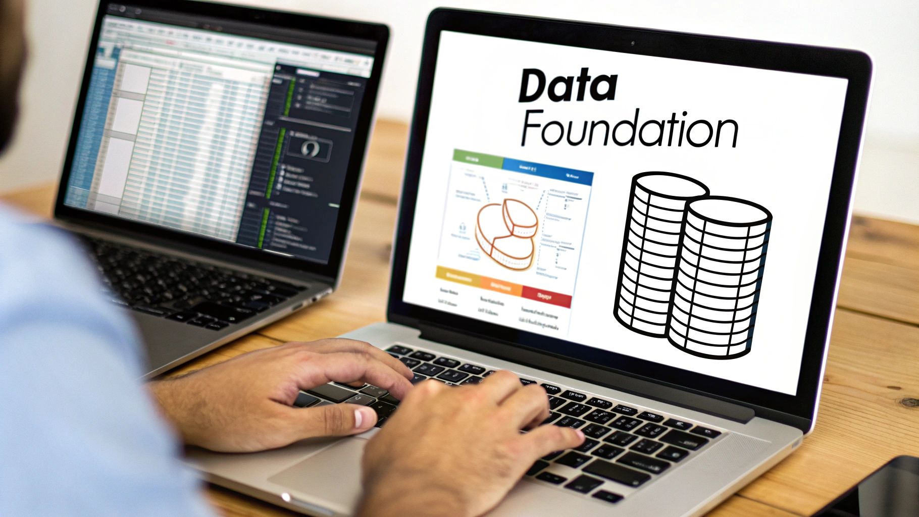 A person working on two laptops, one displaying 'Data Foundation' concepts and the other a spreadsheet.