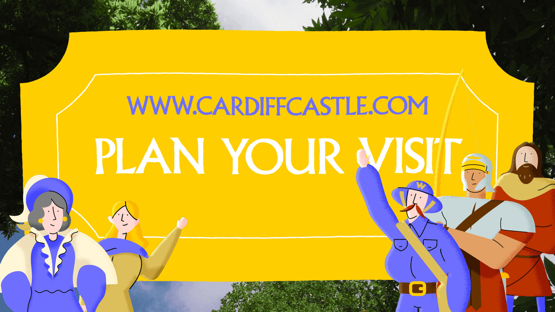 The characters standing in front of a large ticket that has the url and says Plan your visit