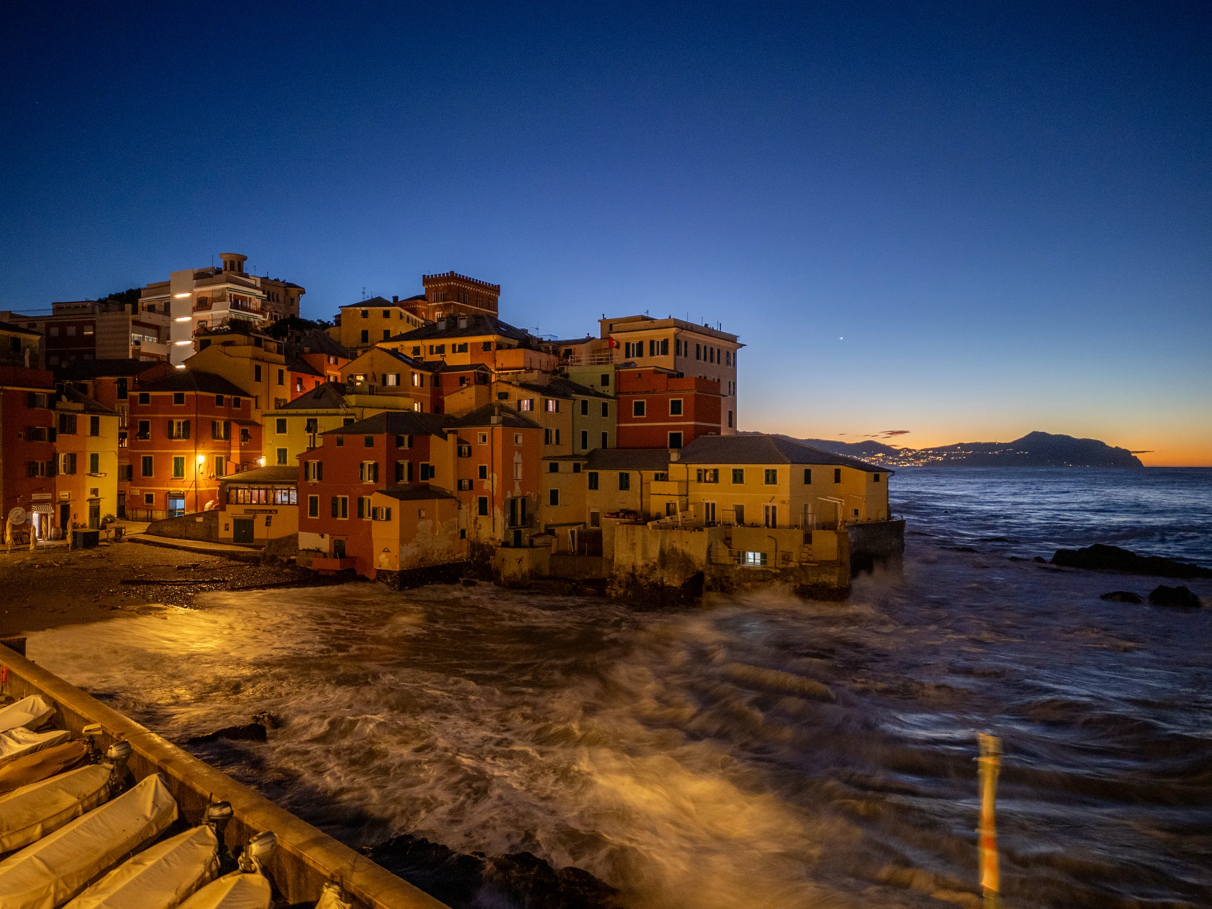 Boccadasse harbour at blue hour — Boccadasse, Genoa, Italy. Photography by Yunes Calore.
