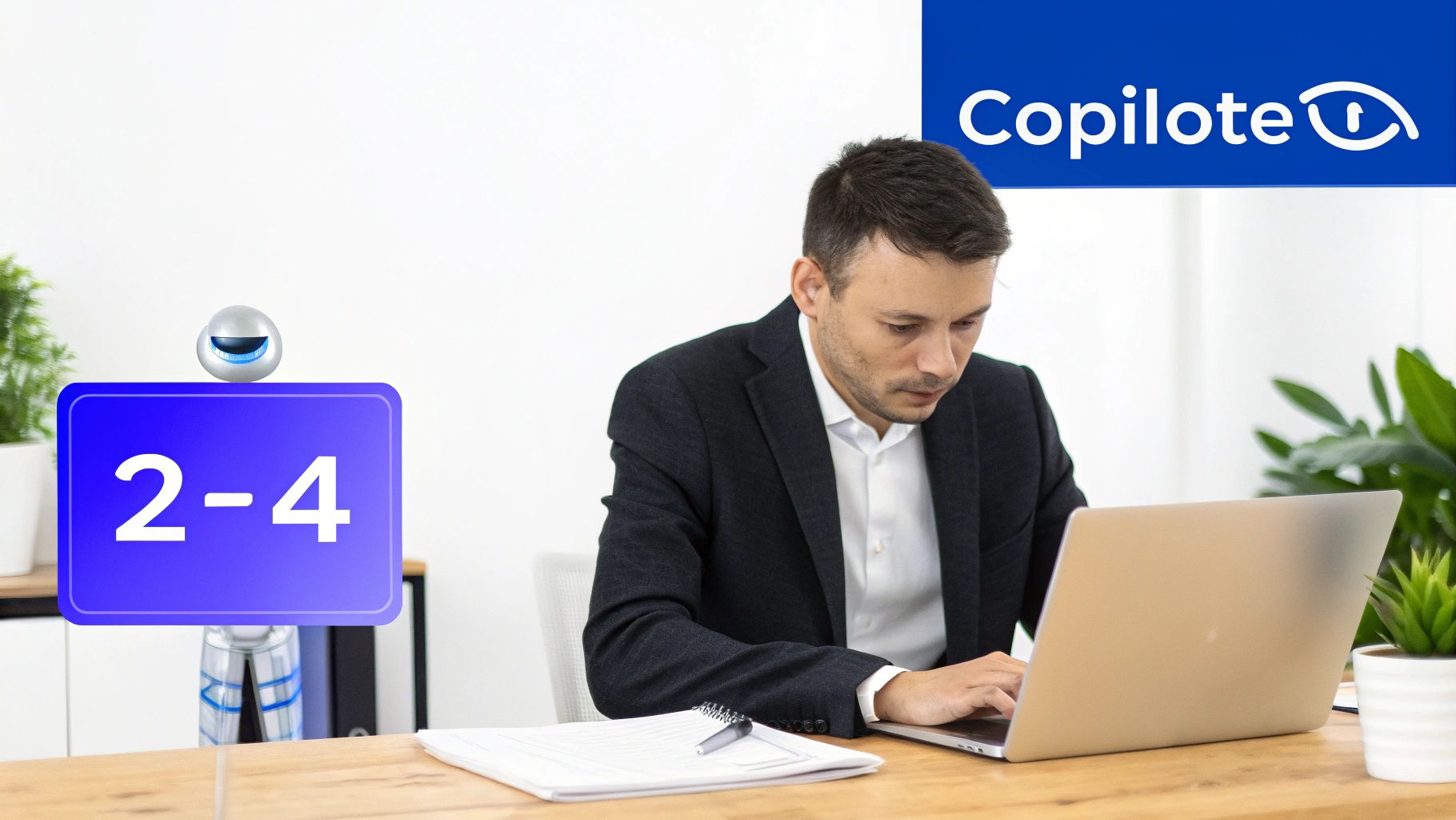 Un homme travaille sur un ordinateur portable à côté d'un robot affichant 