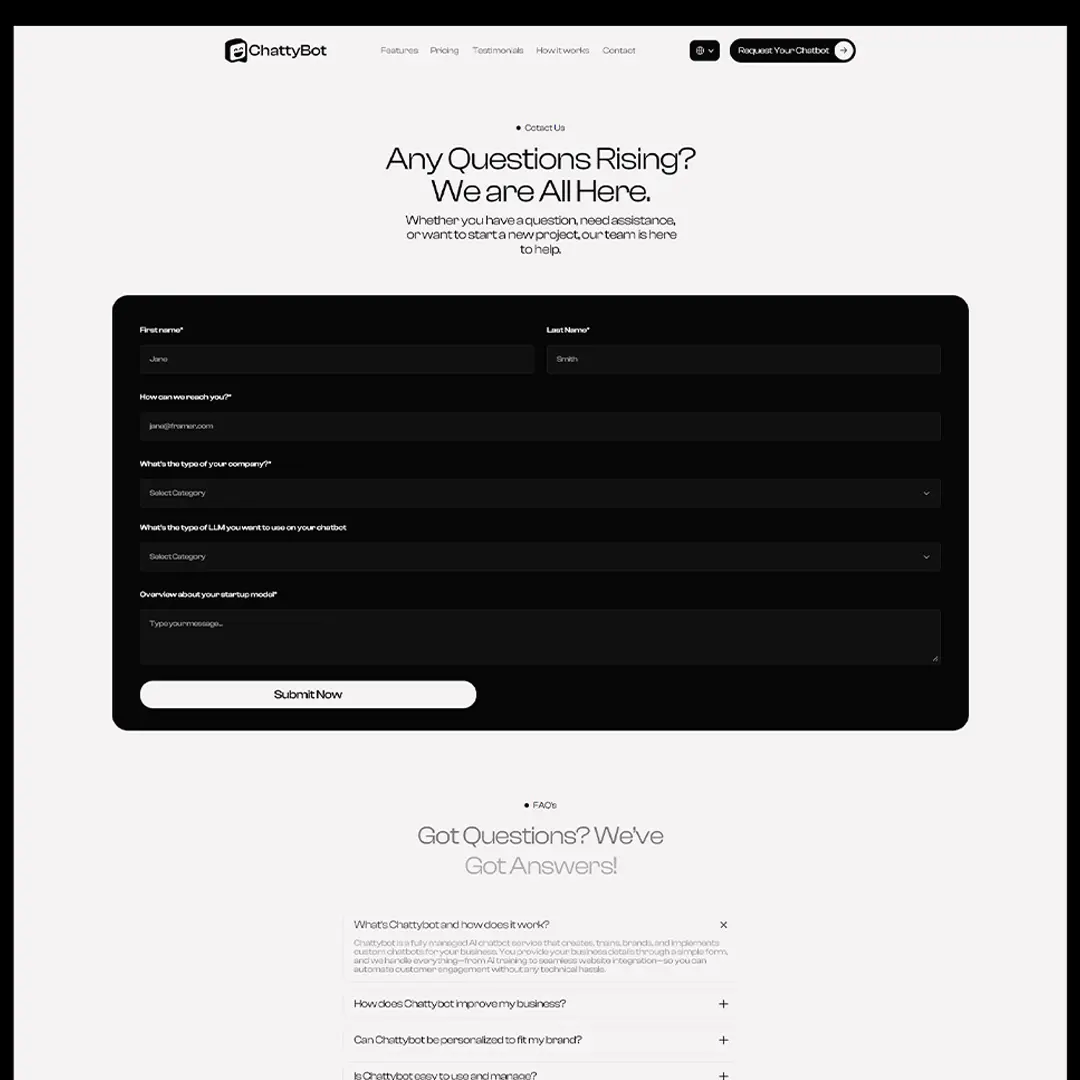 Custom AI Chatbots Contact Form on Chattybot Website for Business Solutions
