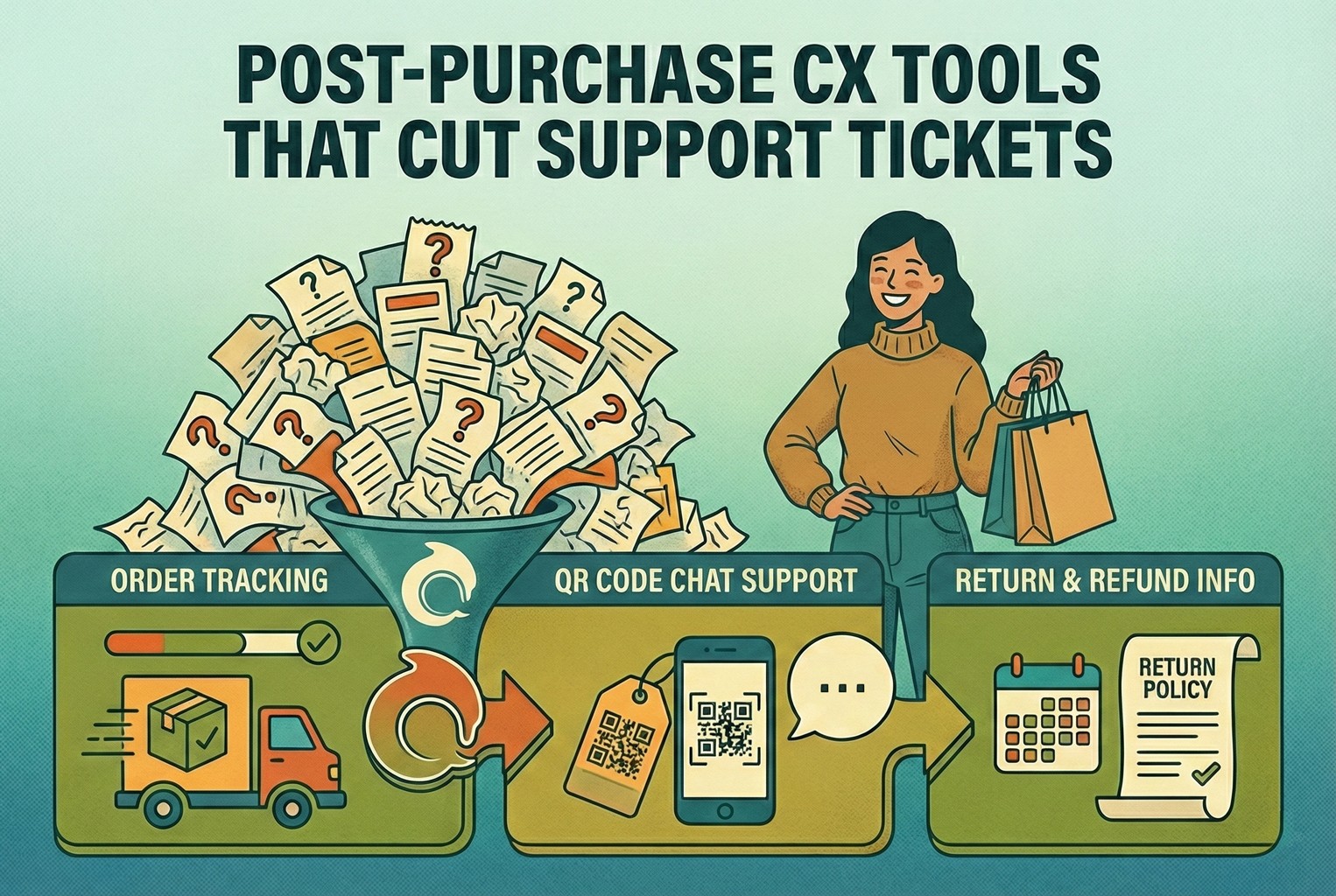 Post-purchase customer experience tools showing order tracking, QR code chat support, and return and refund information used to reduce ecommerce support tickets.