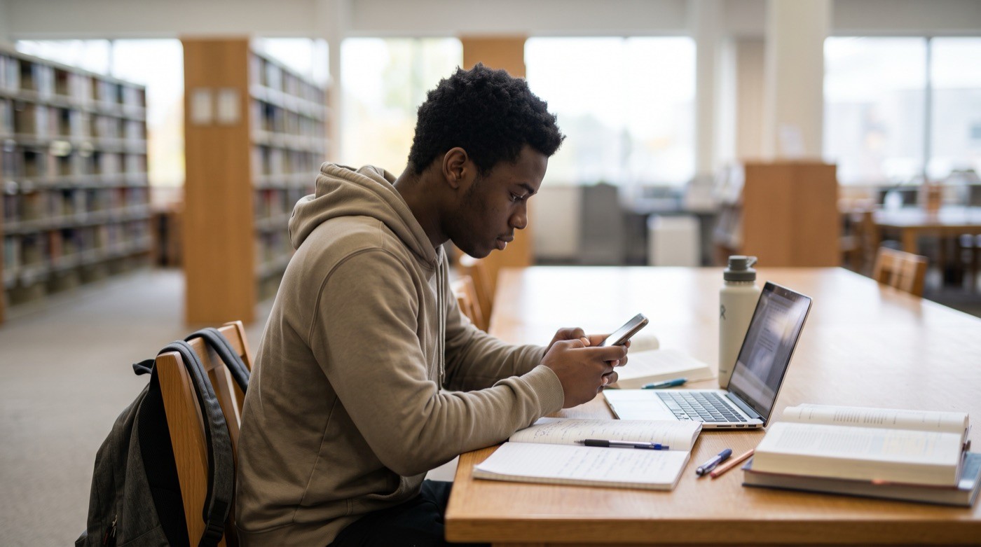 A high school student using a phone while studying at a library table