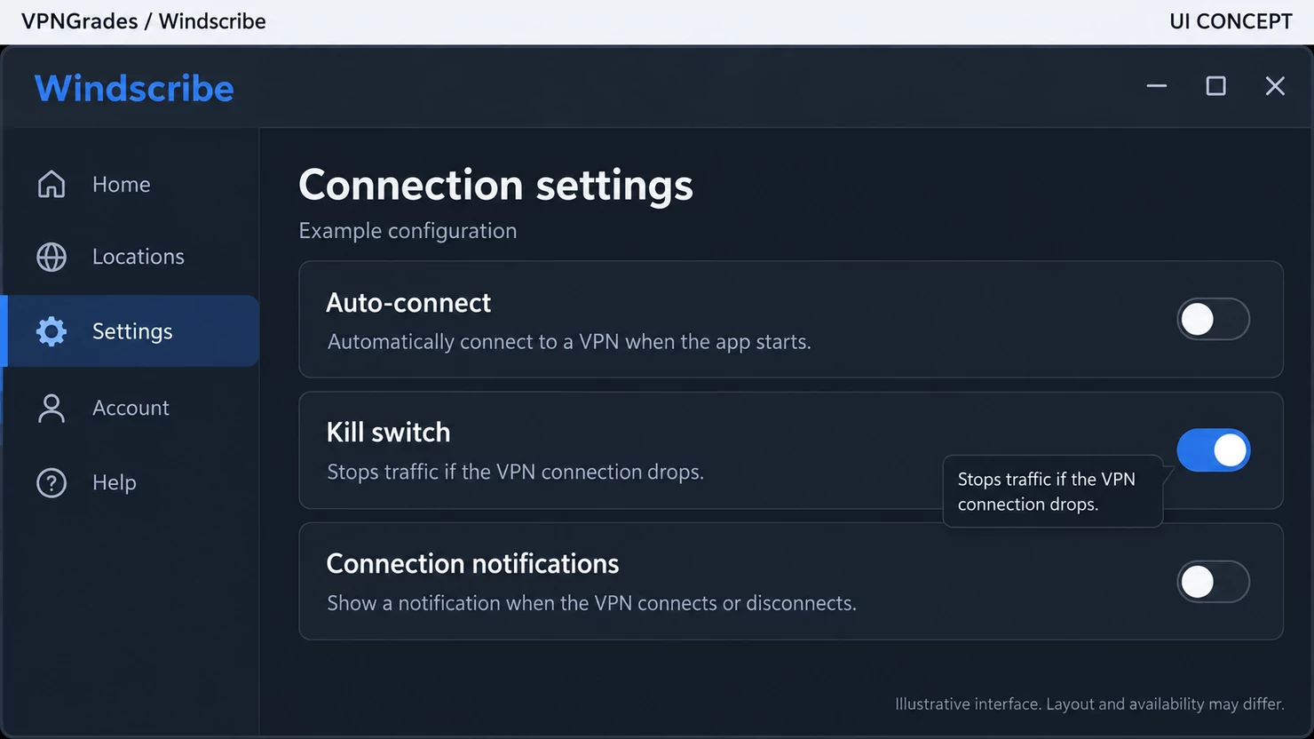Windscribe: connection settings with a kill switch control (illustration).