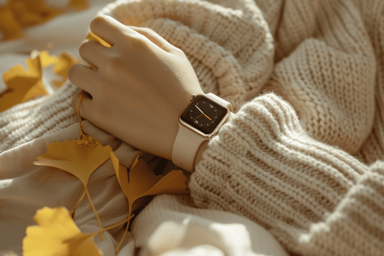 Cozy autumn scene with a hand wearing an Apple Watch resting on a cream knit sweater, surrounded by golden ginkgo leaves in warm sunlight