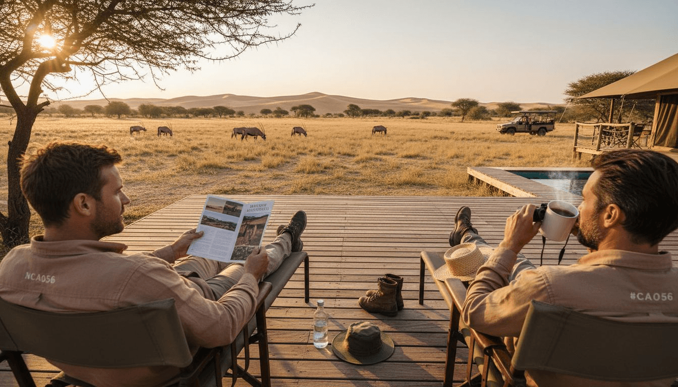 Guests relaxing on Namibian safari lodge deck