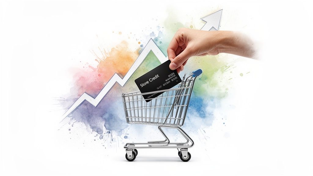 A hand places a 'Store Credit' card into a miniature shopping cart with an upward trend graph.