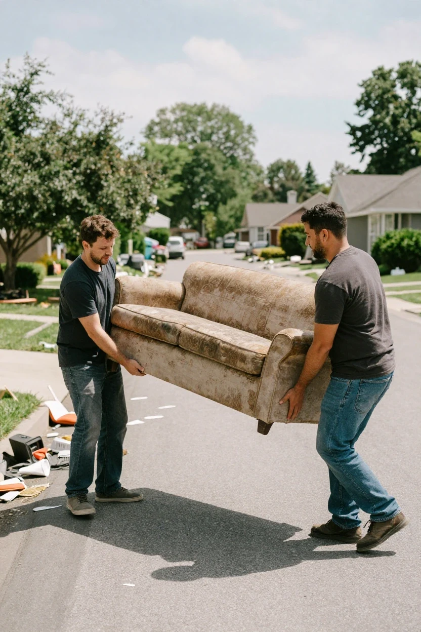 Junk Removal Crew Moving Couch