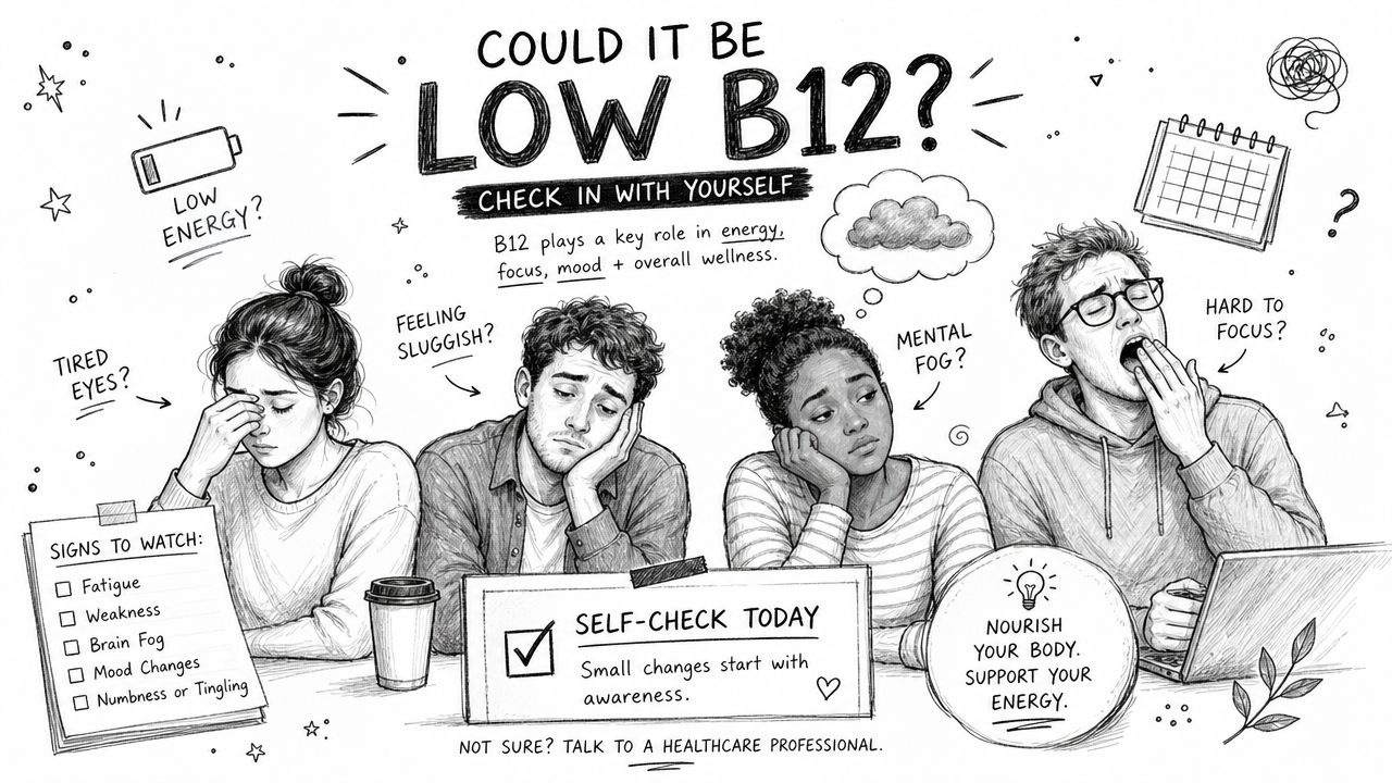 A hand-drawn illustration showing four people displaying symptoms of low Vitamin B12, including fatigue and mental fog.