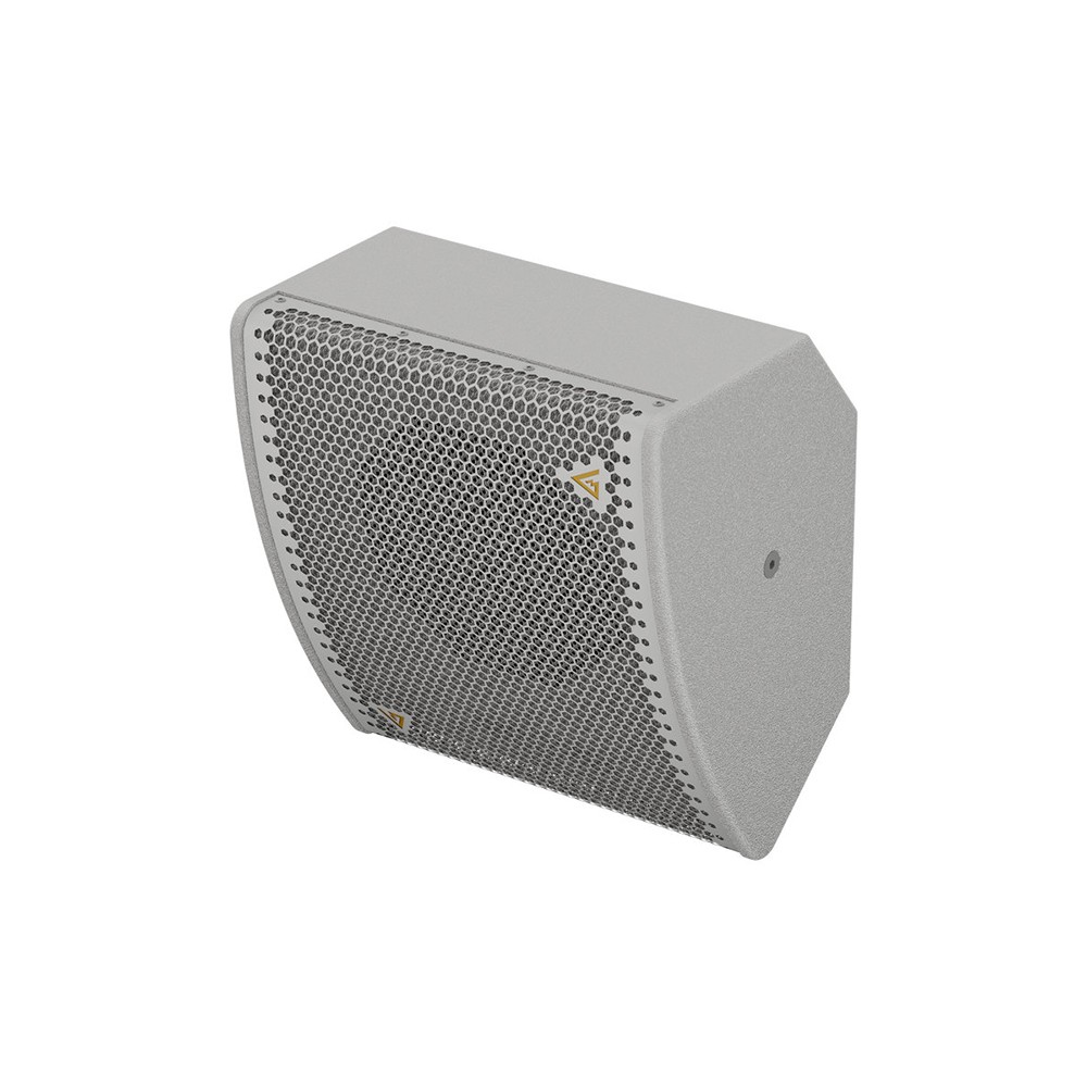 Gray speaker with honeycomb grille and yellow logo