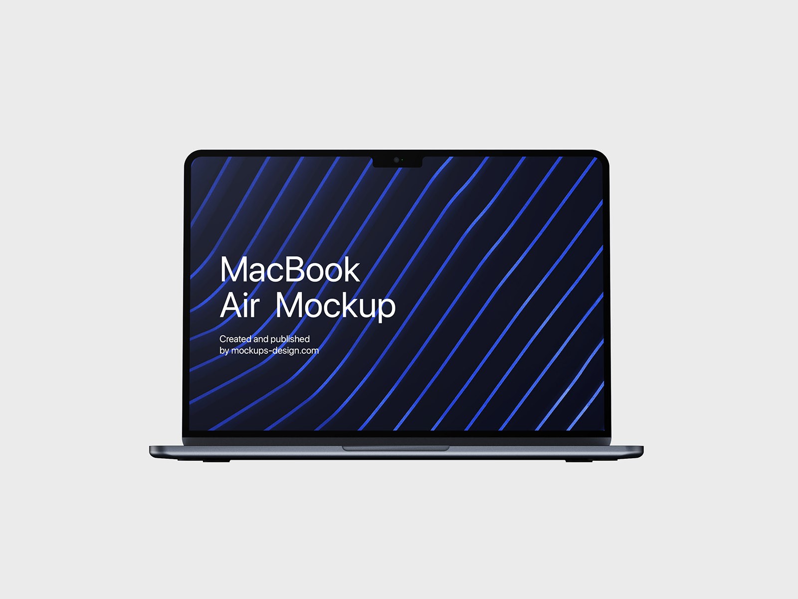 Sleek MacBook Air mockup against a plain background, featuring a screen with diagonal blue stripes and text reading "MacBook Air Mockup." Modern and clean.