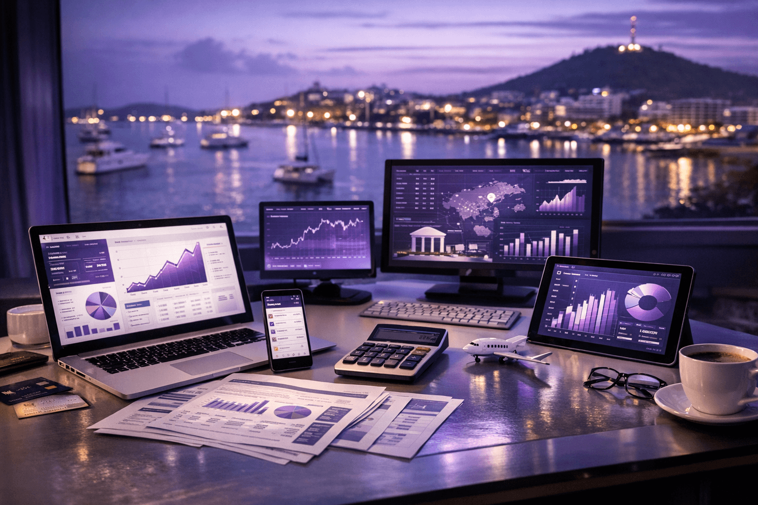 Poste de pilotage financier ultra moderne face au lagon de Nouméa, écrans affichant des tableaux de bord prédictifs symbolisant l’automatisation de la trésorerie, l’analyse de données en temps réel et la prise de décision stratégique pour les entreprises calédoniennes.