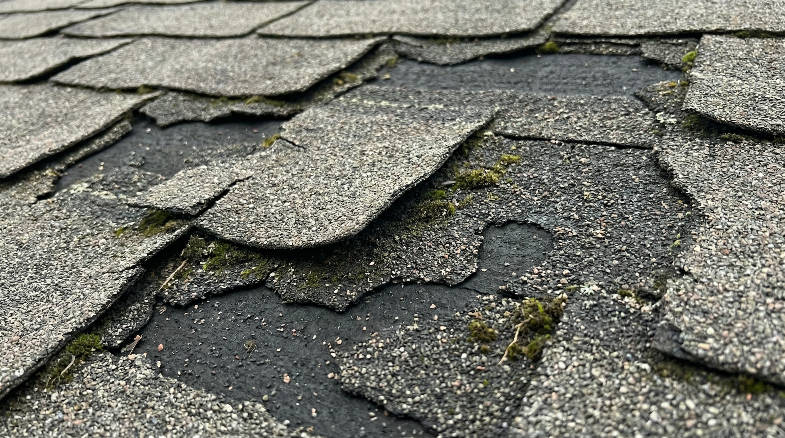 Detailed view of damaged and missing shingles on a residential roof after a storm.