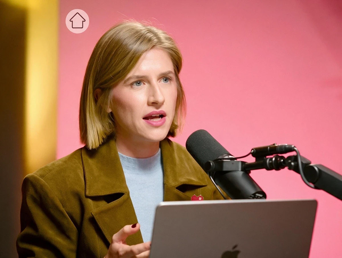 A guest speaking to camera during a branded podcast recording