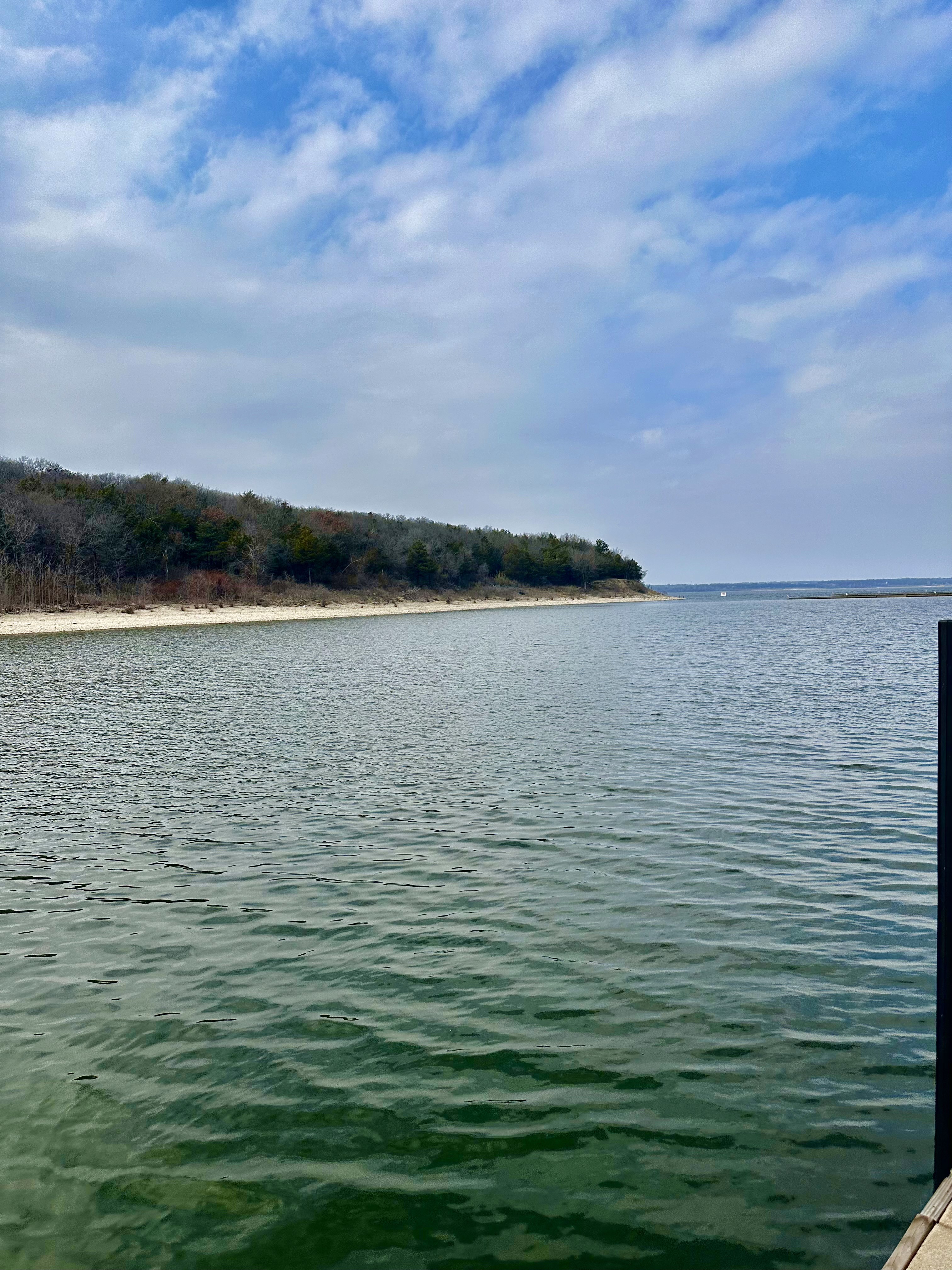 A serene view of a vast, tranquil lake bordered by a forested shoreline under a partly cloudy blue sky.