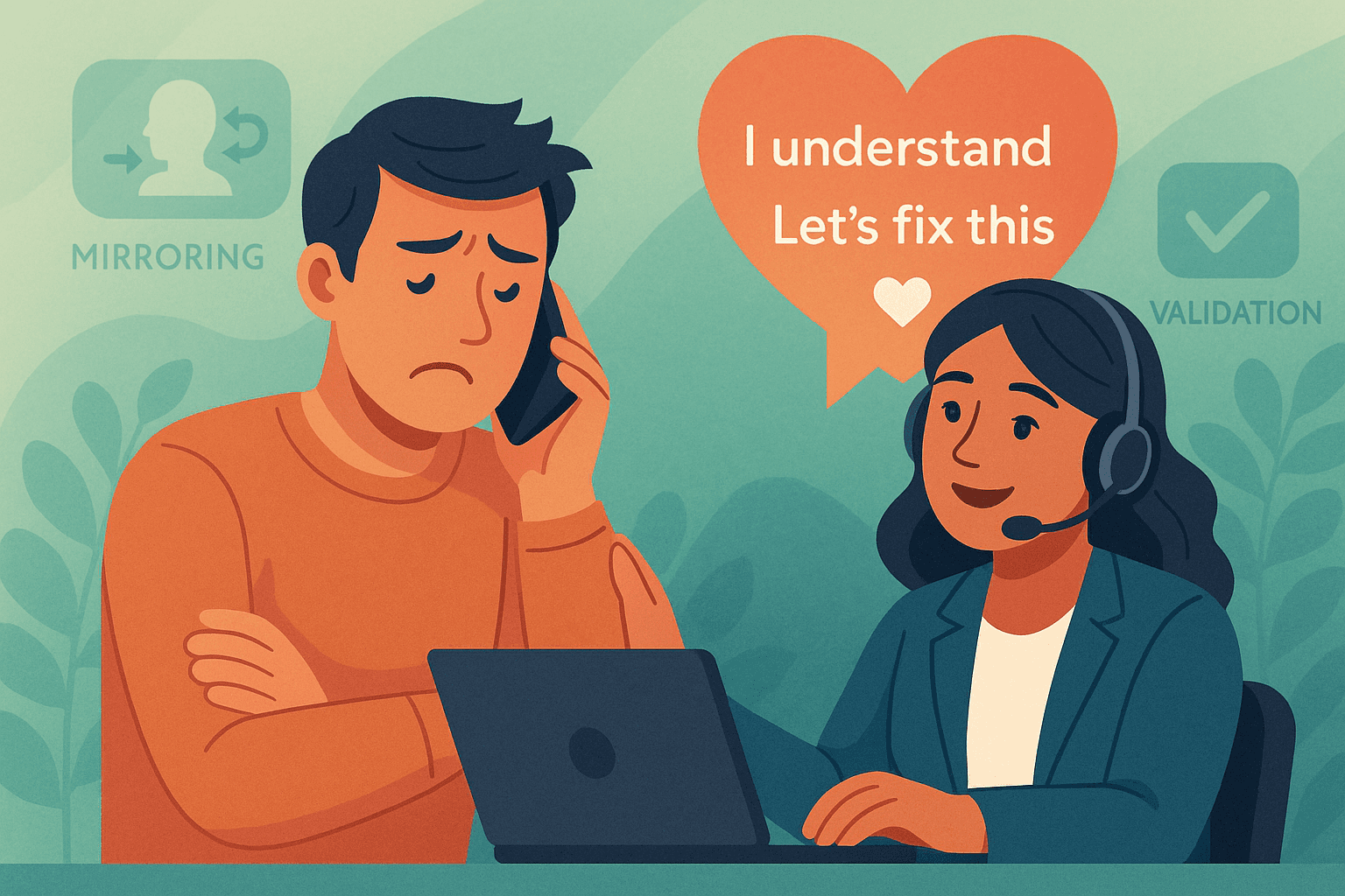 This graphic aligns with the "Empathy and Emotional Intelligence" section, visually capturing the emotional connection between CSR and customer. It enhances reader retention by illustrating a key soft skill and supports SEO with a relevant, engaging visual.