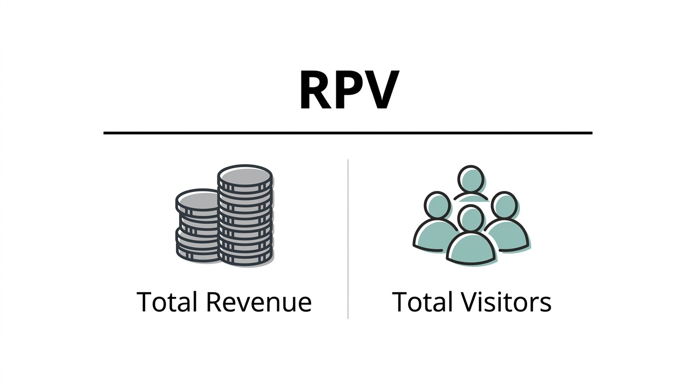 Minimal illustration of the RPV metric, showing a stack of coins labeled “Total Revenue” next to a group of people icons labeled “Total Visitors” under the heading RPV.