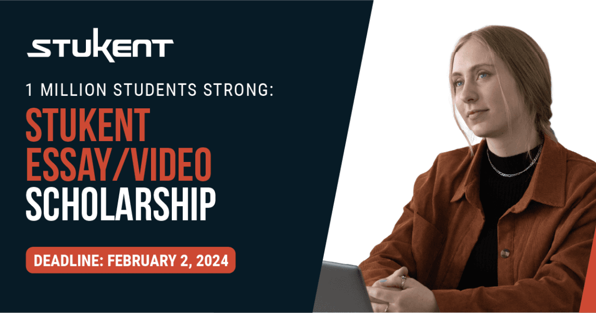 Woman smiles next to the text: "1 MILLION STUDENTS STRONG - STUKENT ESSAY/VIDEO SCHOLARSHIP. DEADLING: FEBRUARY 2, 2024